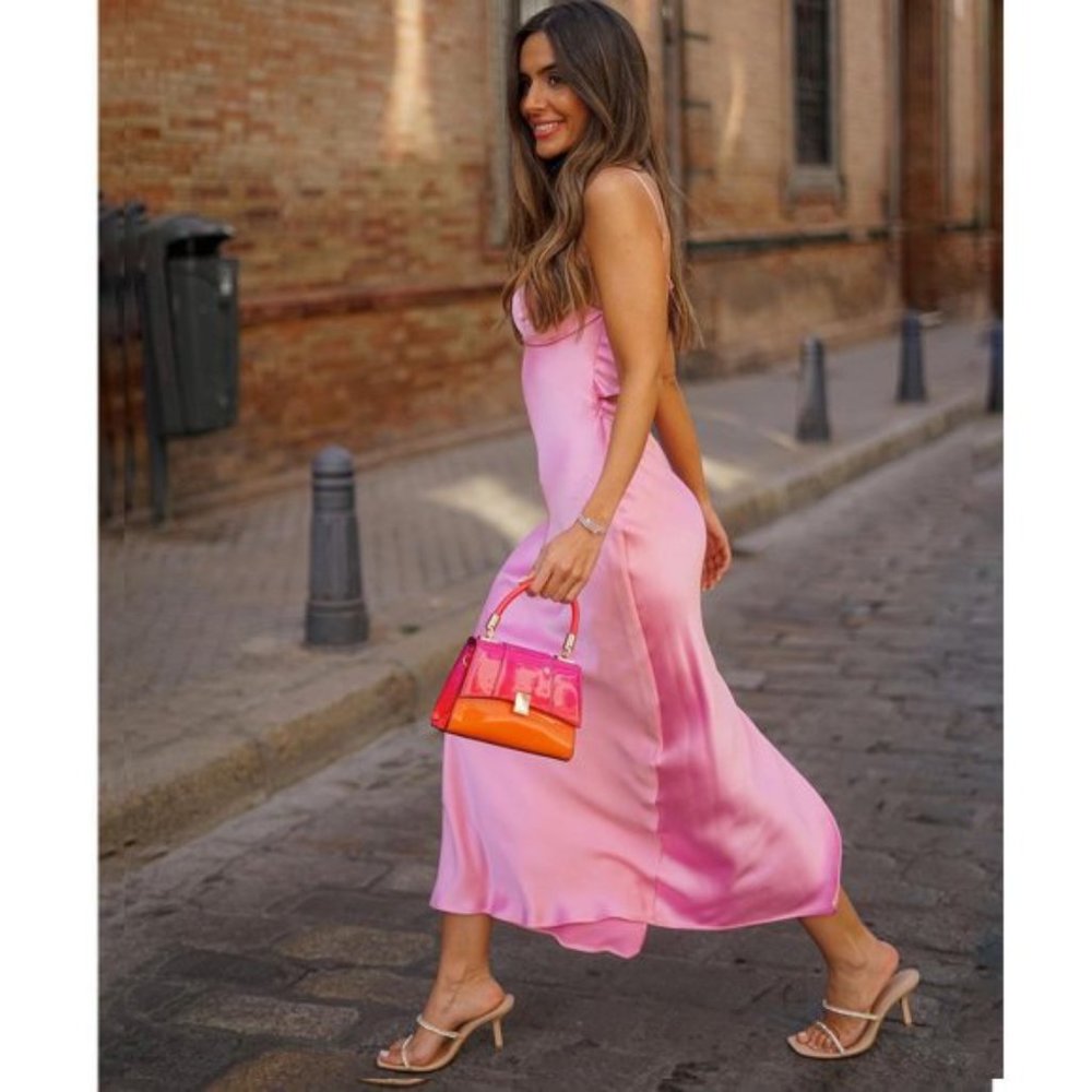 Zara Pink Satin Effect Cut Out Dress Size Large NWT - Picture 2 of 16